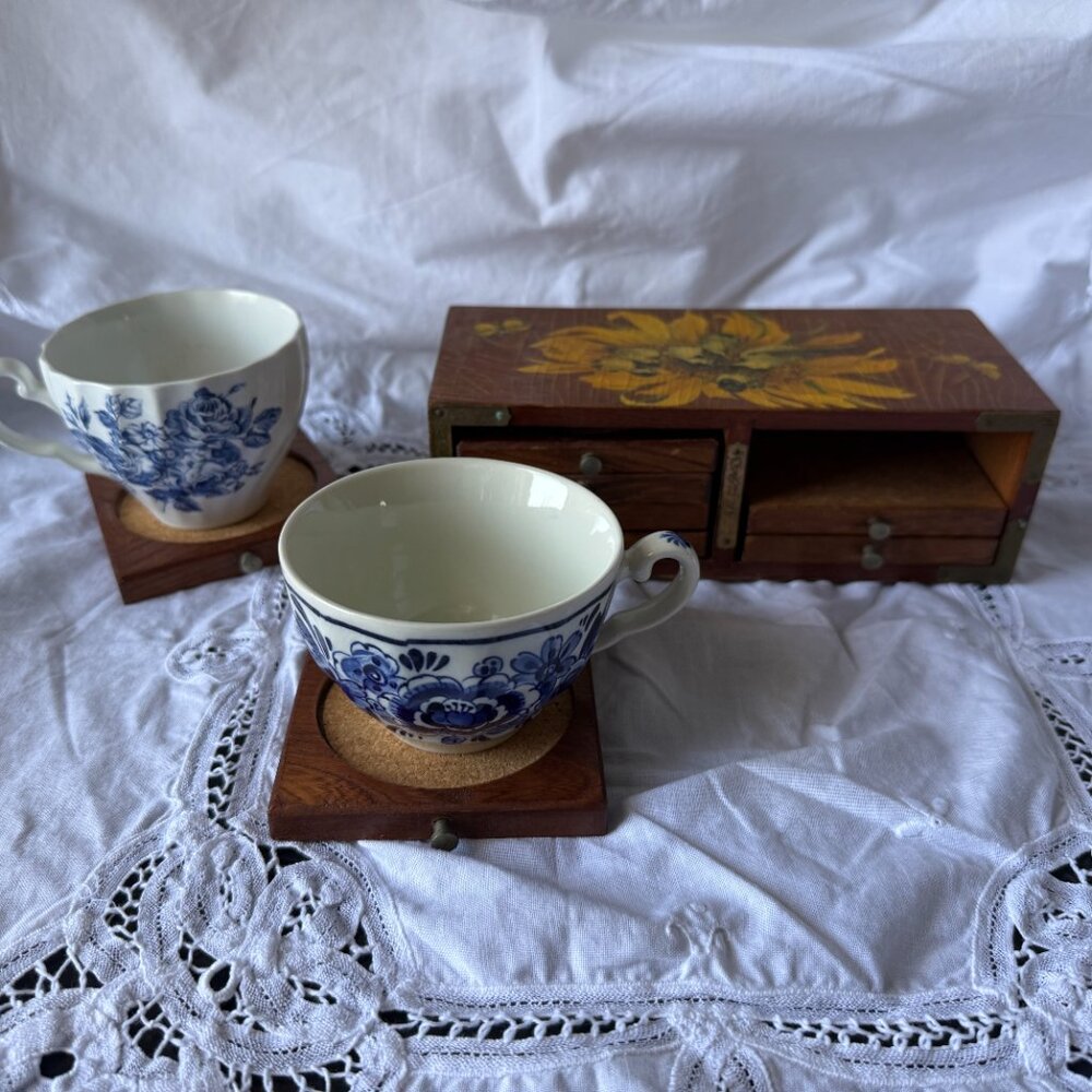 Vintage Japanese Mid-Century Boho Whimsical Floral and Bird Wooden Coaster chest